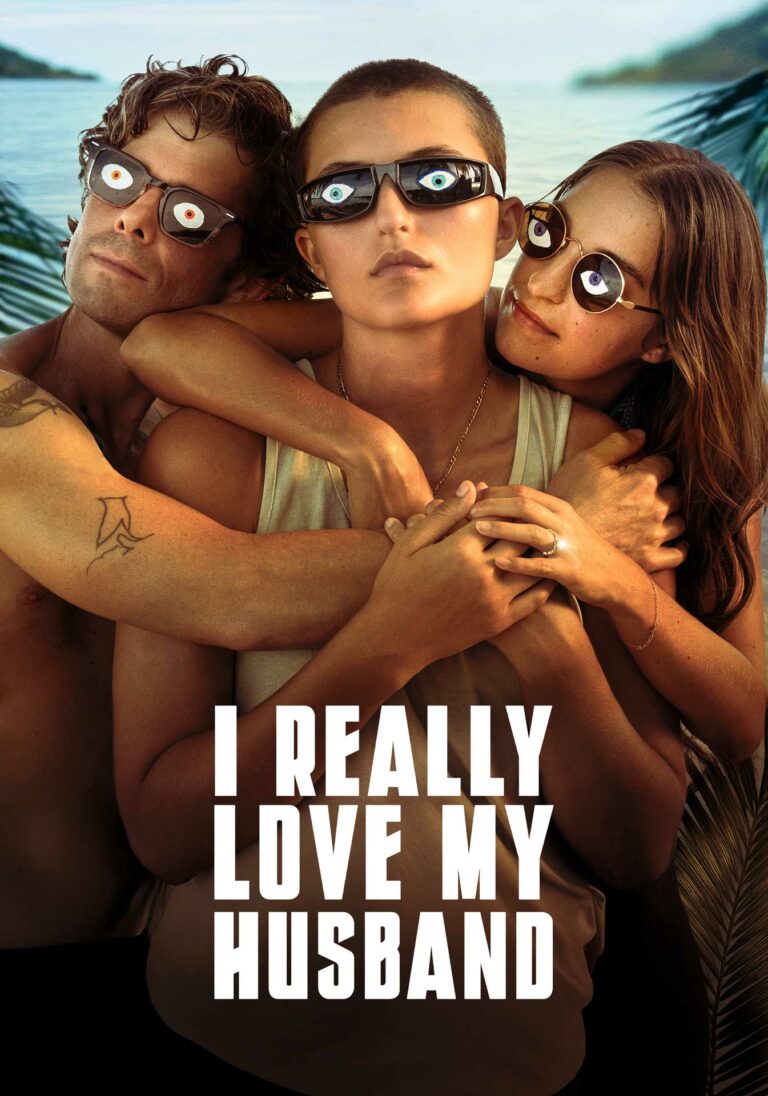 Movie poster featuring three people depicted waist up with their arms intertwined, in front of a blurry tropical background. Text reads "I Really Love My Husband"