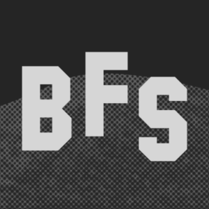 The letters "BFS" -- as a representation of the Beacon Film Society -- positioned over a halftone image of Mount Beacon, positioned to look like the Hollywood sign.